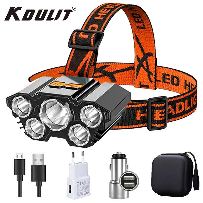 USB Rechargeable Headlamp Portable 5LED Headlight Built in Battery Torch Portable Working Light Fishing Camping Head Light - Outdoorsavage