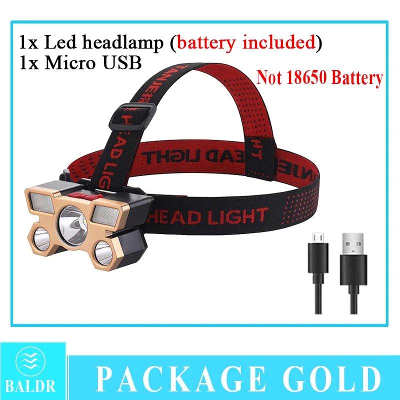 USB Rechargeable Headlamp Portable 5LED Headlight Built in Battery Torch Portable Working Light Fishing Camping Head Light - Outdoorsavage