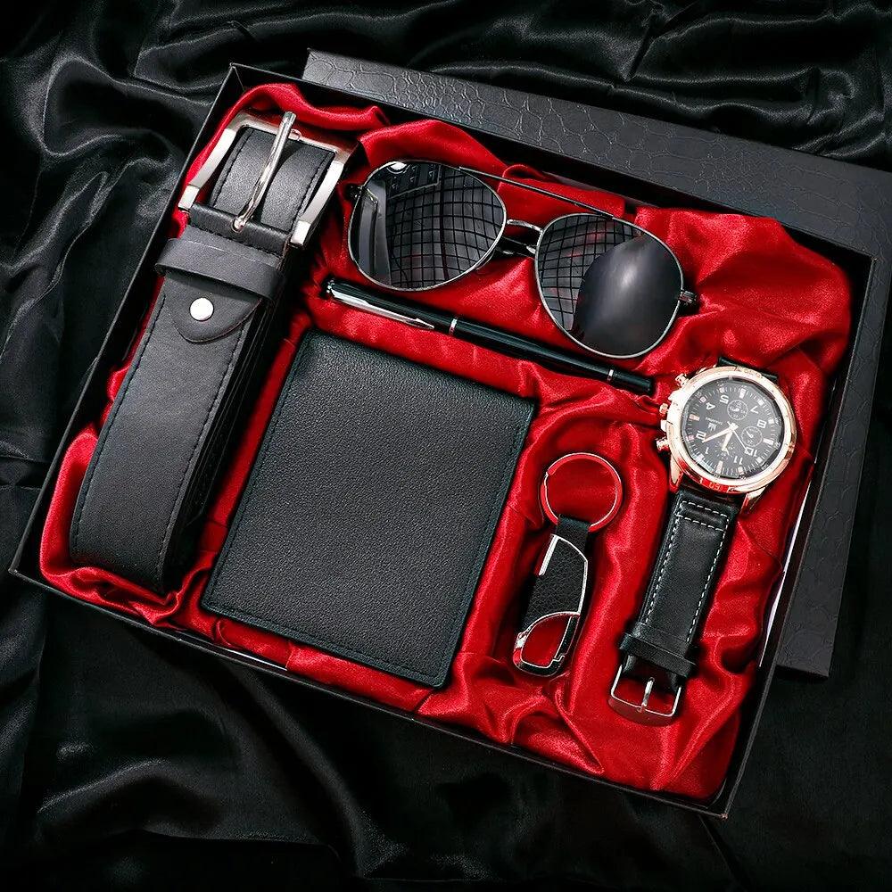 SHAARMS Men Gift Watch Business Luxury Company Mens Set 6 in 1 Watch Glasses Pen Keychain Belt Purse Welcome Holiday Birthday - Outdoorsavage