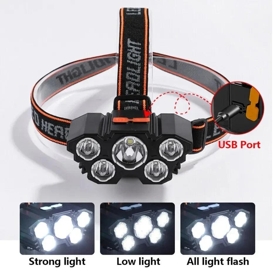 USB Rechargeable Headlamp Portable 5LED Headlight Built in Battery Torch Portable Working Light Fishing Camping Head Light - Outdoorsavage