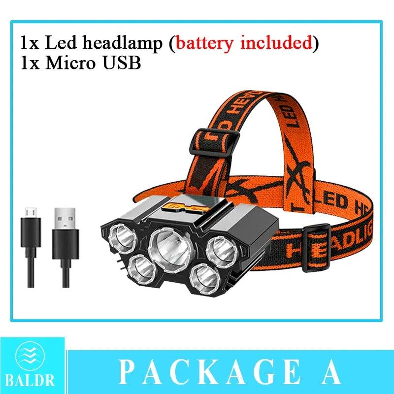 USB Rechargeable Headlamp Portable 5LED Headlight Built in Battery Torch Portable Working Light Fishing Camping Head Light - Outdoorsavage