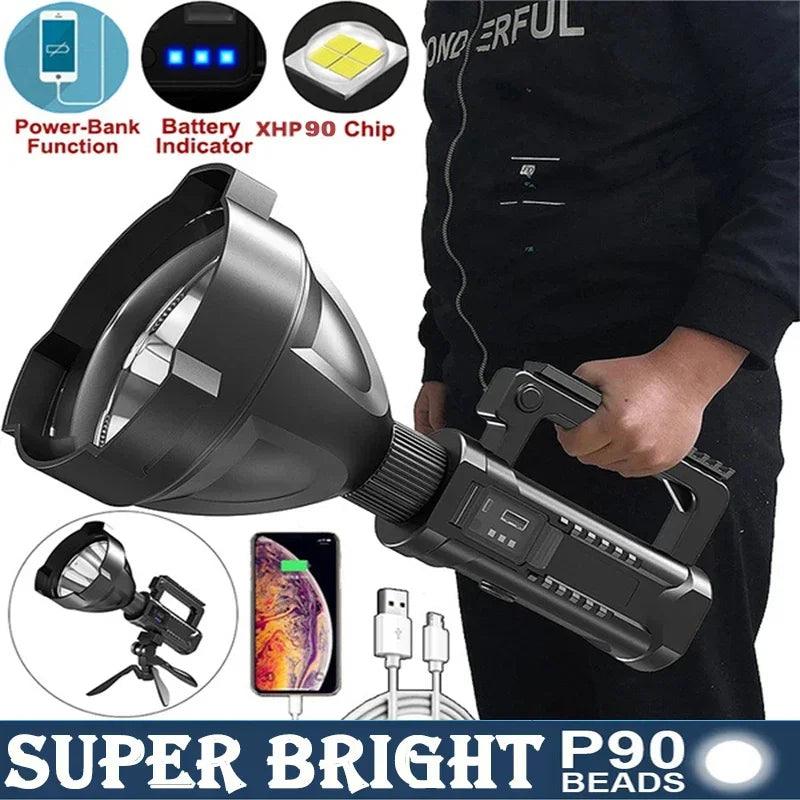 P90 Portable Powerful LED Flashlight Mountable Bracket Handheld Searchlight USB Rechargeable Spotlight Waterproof Torch Light - Outdoorsavage