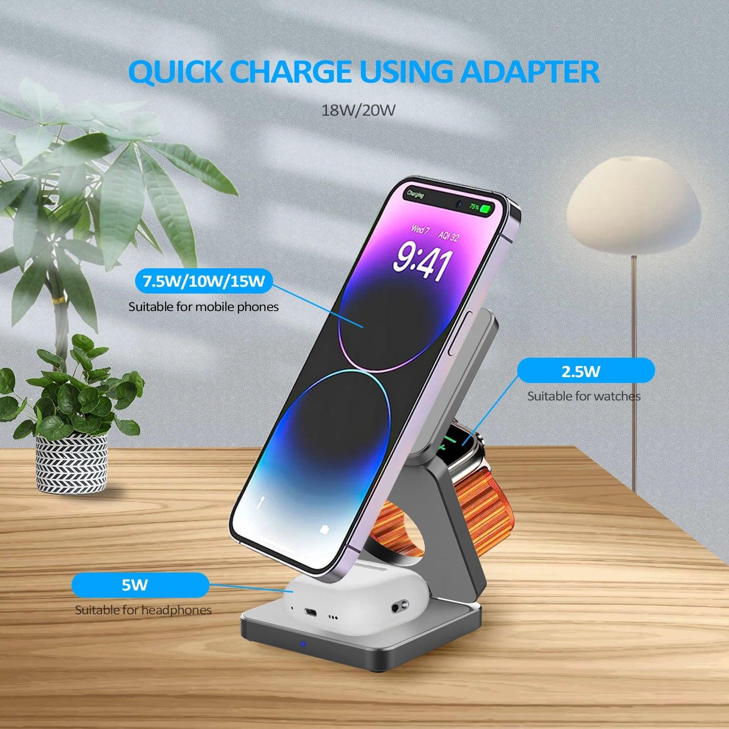 15W 3 in 1 Magnetic Wireless Charger Foldable Phone Charger Holder for - Outdoorsavage