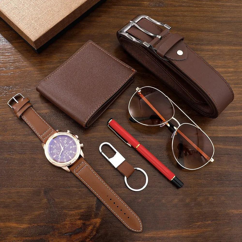 SHAARMS Men Gift Watch Business Luxury Company Mens Set 6 in 1 Watch Glasses Pen Keychain Belt Purse Welcome Holiday Birthday - Outdoorsavage