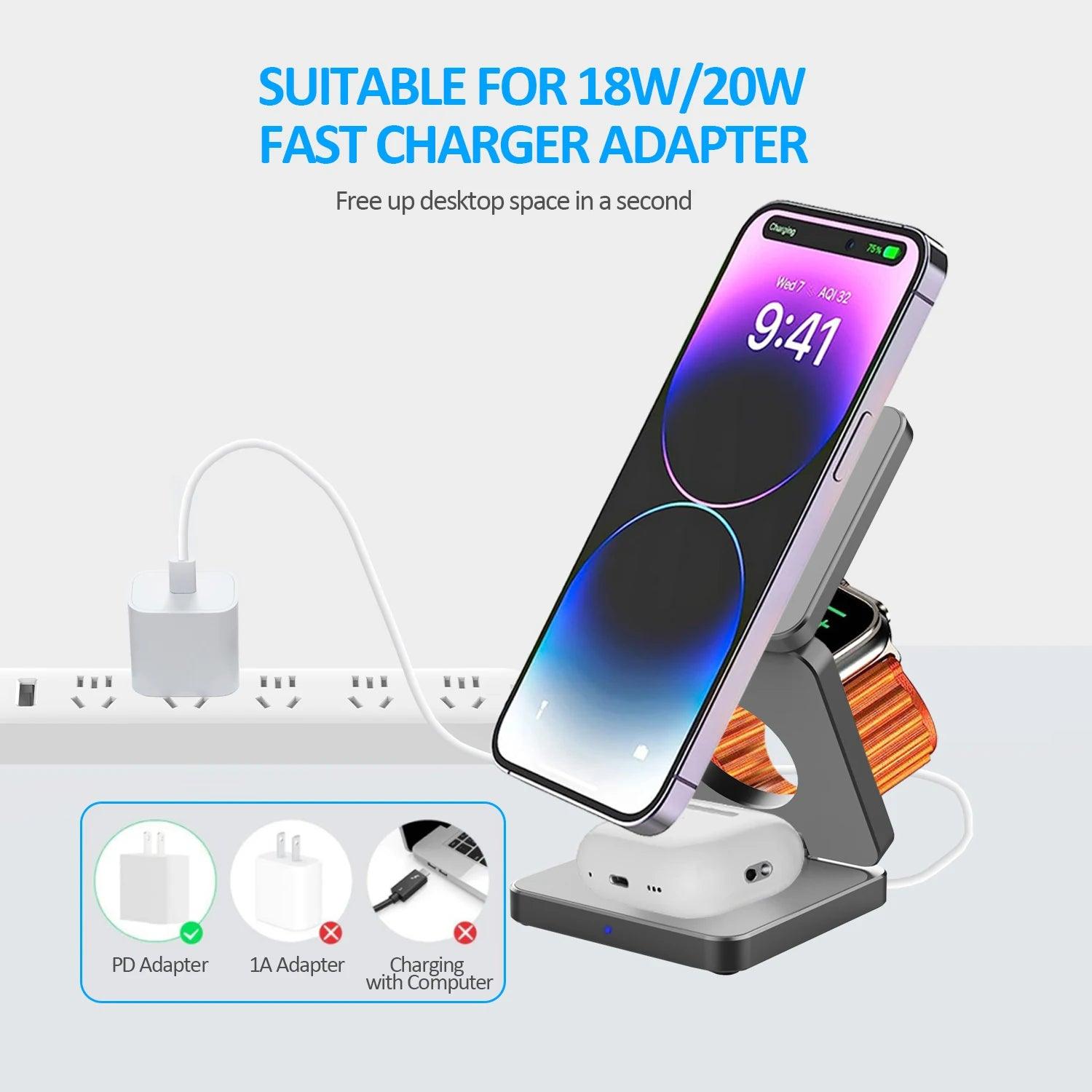 15W 3 in 1 Magnetic Wireless Charger Foldable Phone Charger Holder for - Outdoorsavage