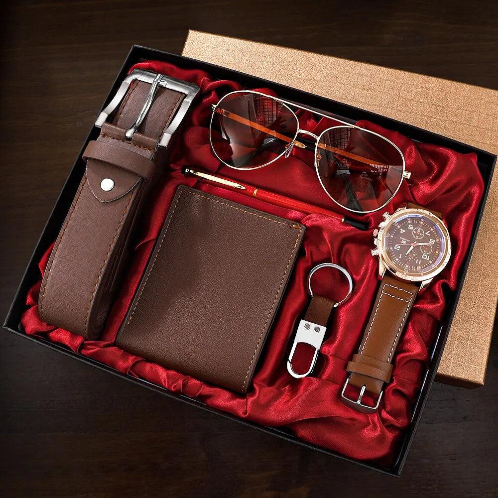 SHAARMS Men Gift Watch Business Luxury Company Mens Set 6 in 1 Watch Glasses Pen Keychain Belt Purse Welcome Holiday Birthday - Outdoorsavage