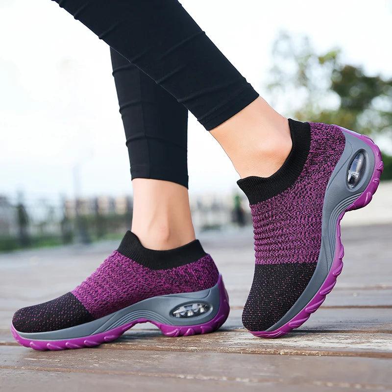 Women's Casual Sports Socks Sneakers Fashionable Thick Sole Air Cushion, Elevated Sloping Heel Rocking Shoes - Outdoorsavage