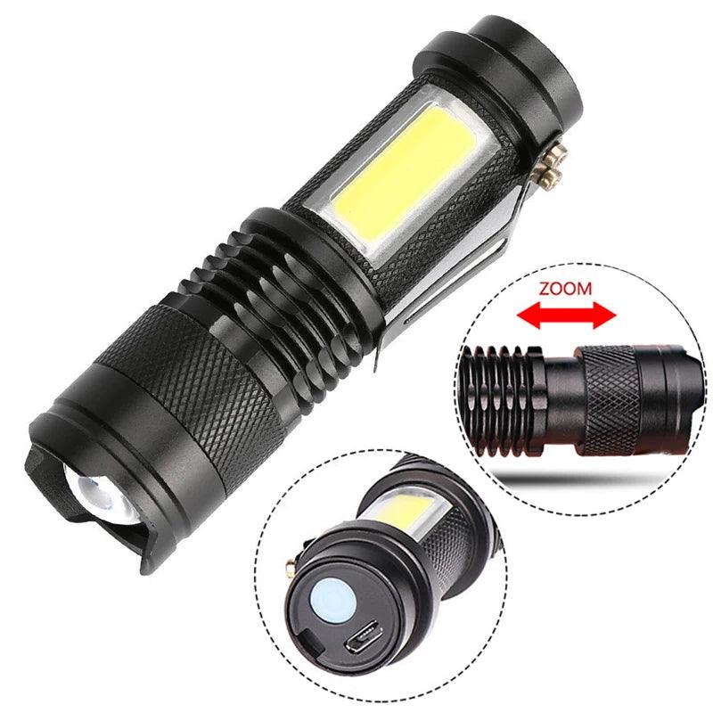 Built In Battery Q5 Portable Mini Led Flashlight Zoom Torch COB Lamp 2000 Lumens Adjustable Penlight Waterproof for Outdoor - Outdoorsavage