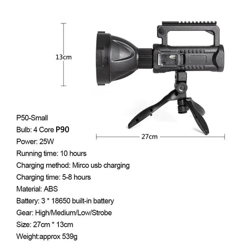 P90 Portable Powerful LED Flashlight Mountable Bracket Handheld Searchlight USB Rechargeable Spotlight Waterproof Torch Light - Outdoorsavage