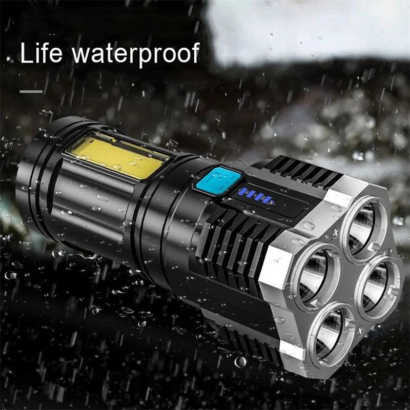 USB Rechargeable LED Flashlight 4LED High Power Super Bright Flashlights Outdoor Portable Tactical Lighting COB LED Flashlights - Outdoorsavage