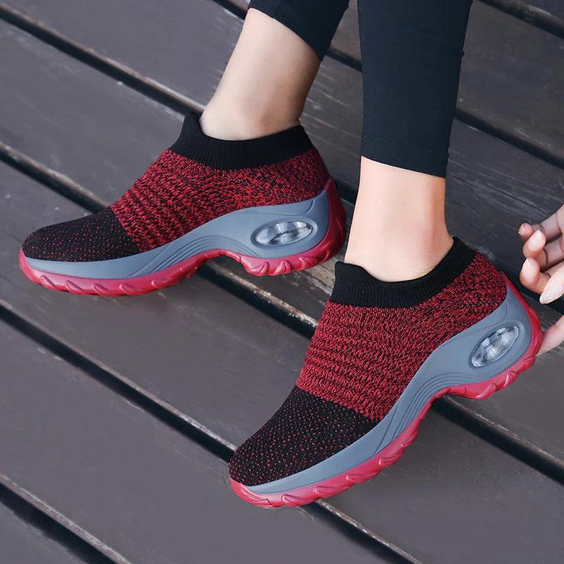 Women's Casual Sports Socks Sneakers Fashionable Thick Sole Air Cushion, Elevated Sloping Heel Rocking Shoes - Outdoorsavage