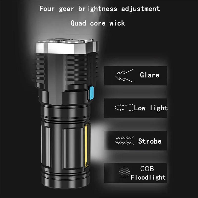 USB Rechargeable LED Flashlight 4LED High Power Super Bright Flashlights Outdoor Portable Tactical Lighting COB LED Flashlights - Outdoorsavage