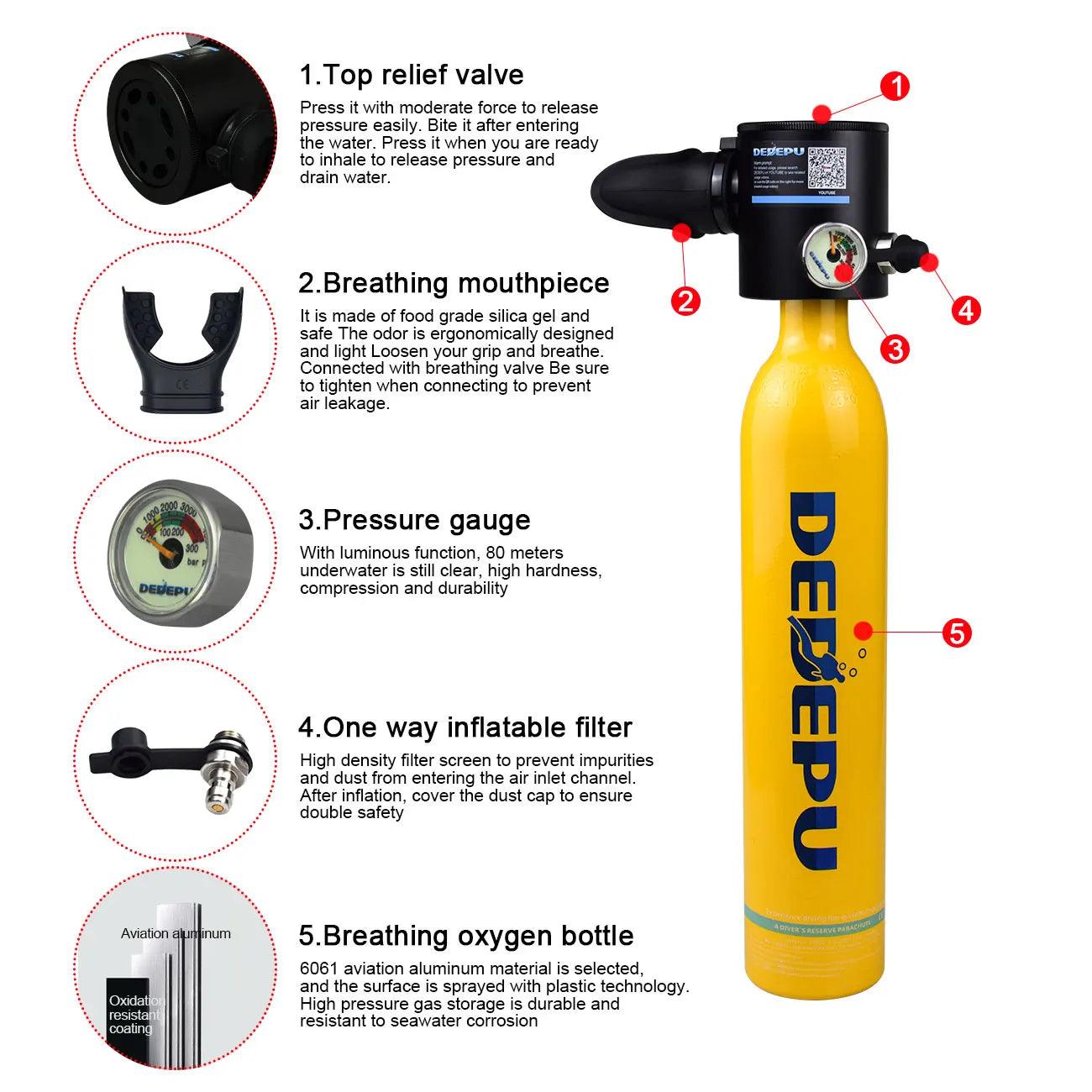 DEDEPU-Mini Scuba Diving Tank, Cylinder Equipment, Dive Bottle, Oxygen Tank, Underwater Swimming Swimmer, 0.5L, 5-10 Minutes - Outdoorsavage