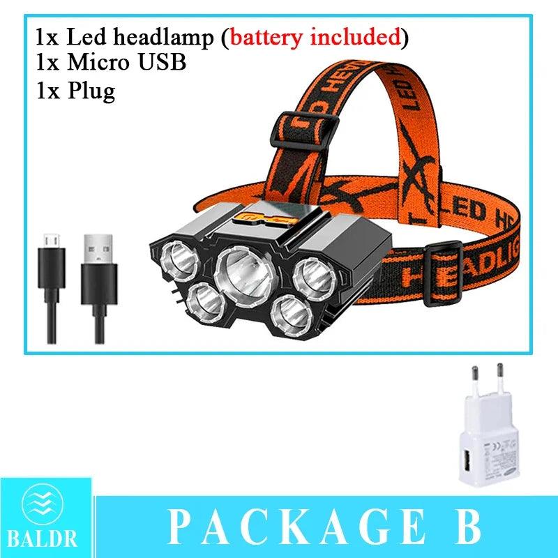 USB Rechargeable Headlamp Portable 5LED Headlight Built in Battery Torch Portable Working Light Fishing Camping Head Light - Outdoorsavage