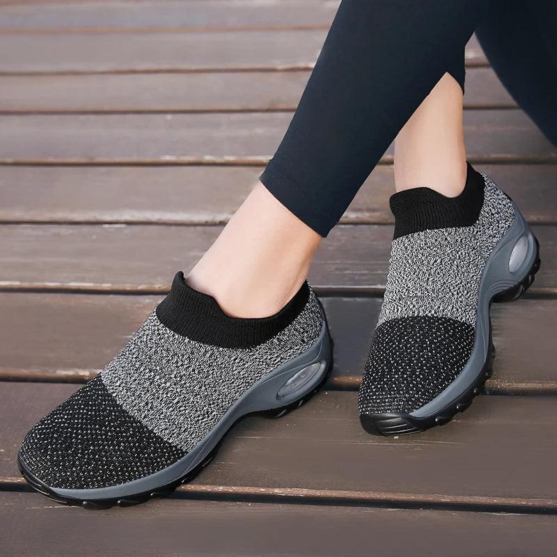 Women's Casual Sports Socks Sneakers Fashionable Thick Sole Air Cushion, Elevated Sloping Heel Rocking Shoes - Outdoorsavage