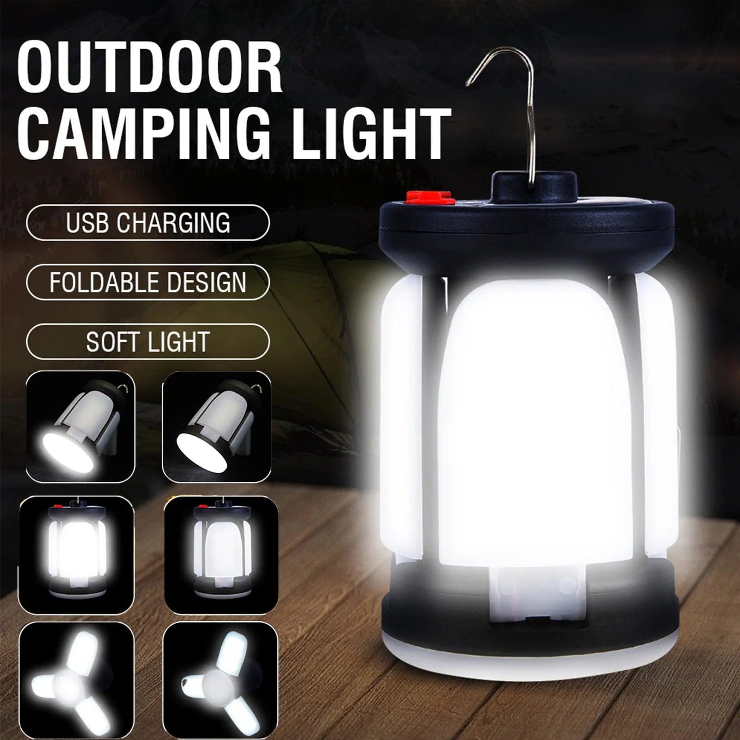 High Power Solar LED Camping Lantern Rechargeable 4500mAh 1000LM Emergency Power Bank Foldable 6 Light Modes for Camping Fishing - Outdoorsavage