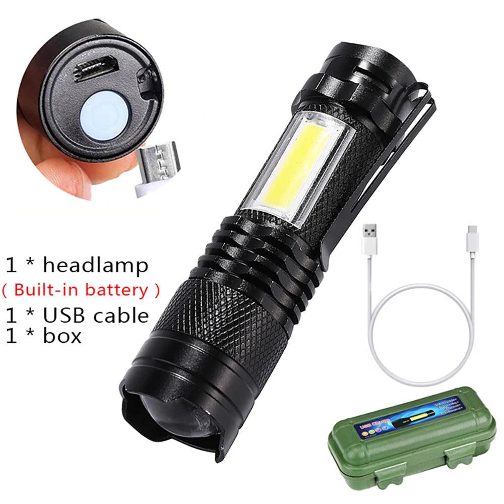 Built In Battery Q5 Portable Mini Led Flashlight Zoom Torch COB Lamp 2000 Lumens Adjustable Penlight Waterproof for Outdoor - Outdoorsavage