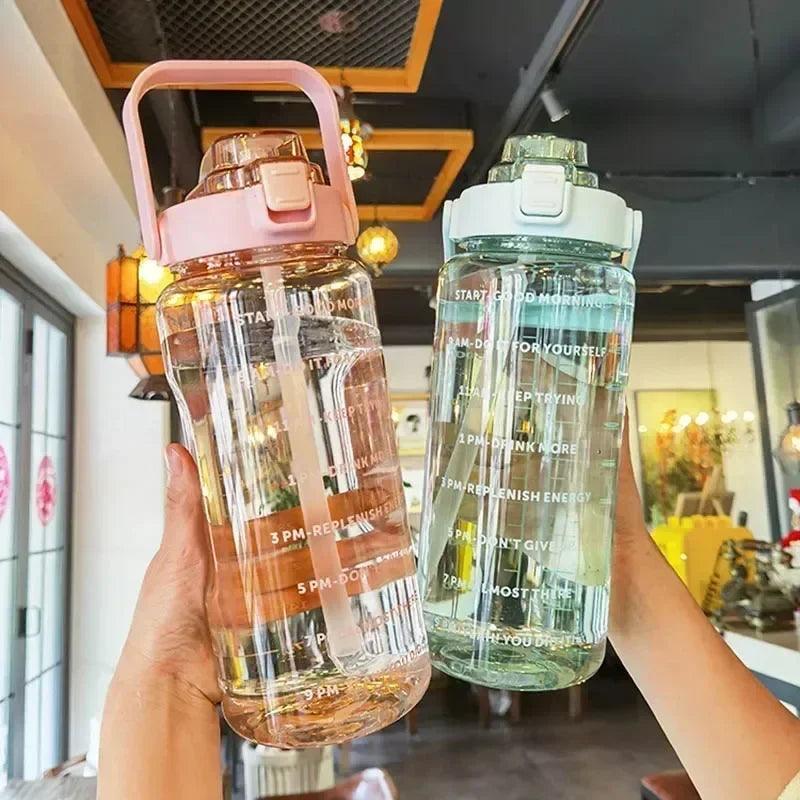 2L Portable Water Bottle Large Capacity Plastic Straw Water Cup Drink Bottle With Time Marker For Outdoor Sports Fitness - Outdoorsavage