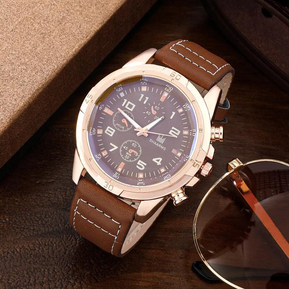 SHAARMS Men Gift Watch Business Luxury Company Mens Set 6 in 1 Watch Glasses Pen Keychain Belt Purse Welcome Holiday Birthday - Outdoorsavage