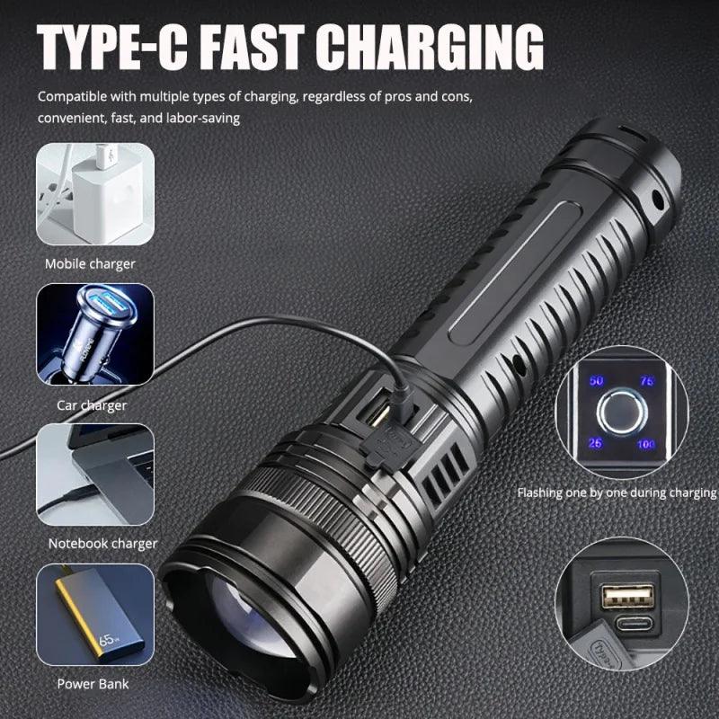 Built-in Battery Flash Light Emergency Spotlights 4km 10000LM 800W Most Powerful Led Flashlights Tactical 15000mah - Outdoorsavage