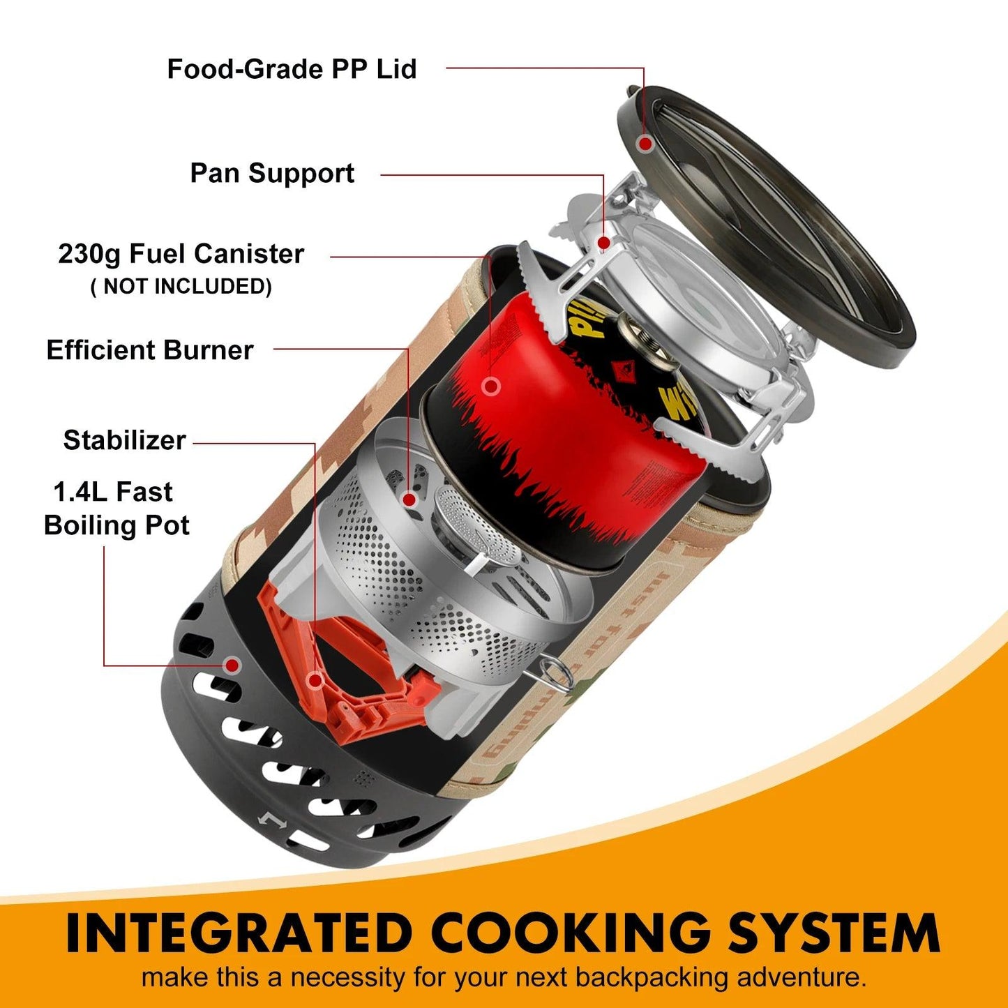 1.4L Backpacking Stove Camping Propane Cooking Gear | Portable Camp Burner System with Tripod, Pot Support - Outdoorsavage