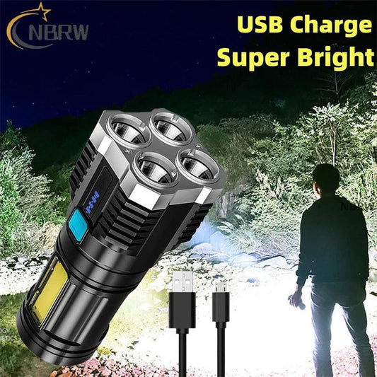 USB Rechargeable LED Flashlight 4LED High Power Super Bright Flashlights Outdoor Portable Tactical Lighting COB LED Flashlights - Outdoorsavage