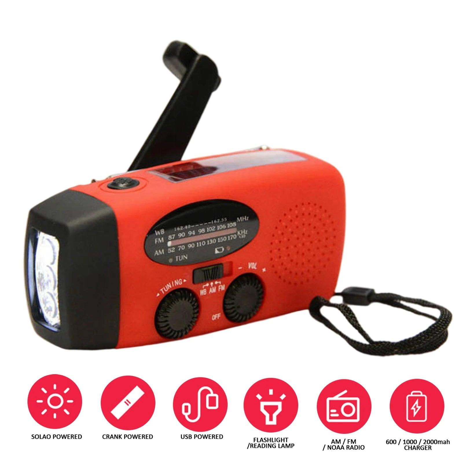 Multifunctional Solar Hand Crank Radio FM AM WB NOAA Weather Radio 2000mAh USB Charging Emergency LED Flashlight Power Ban - Outdoorsavage