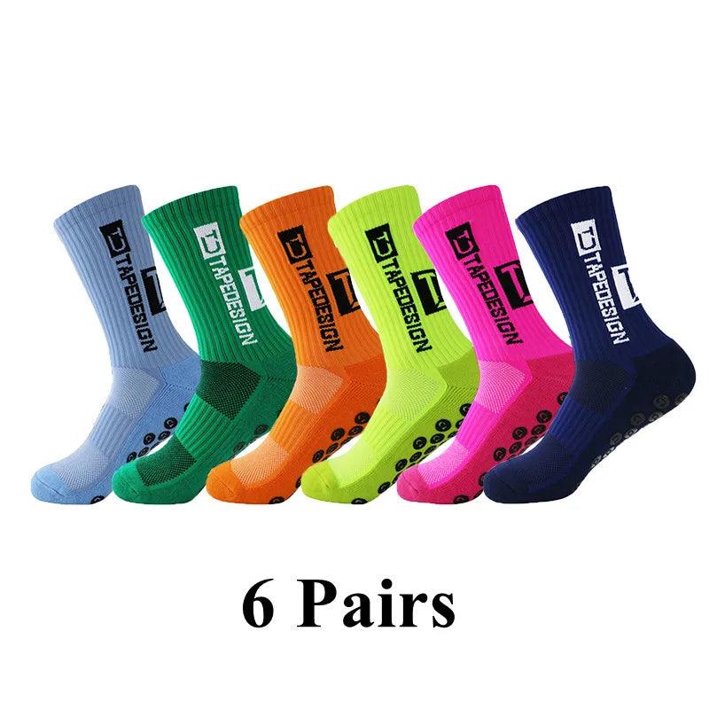 6Pairs/Lot 2023 New ANTI SLIP Tapedesign Football Socks Mid Calf Non-Slip Soccer Sport Cycling Sports Mens Sock EU38-45 - Outdoorsavage