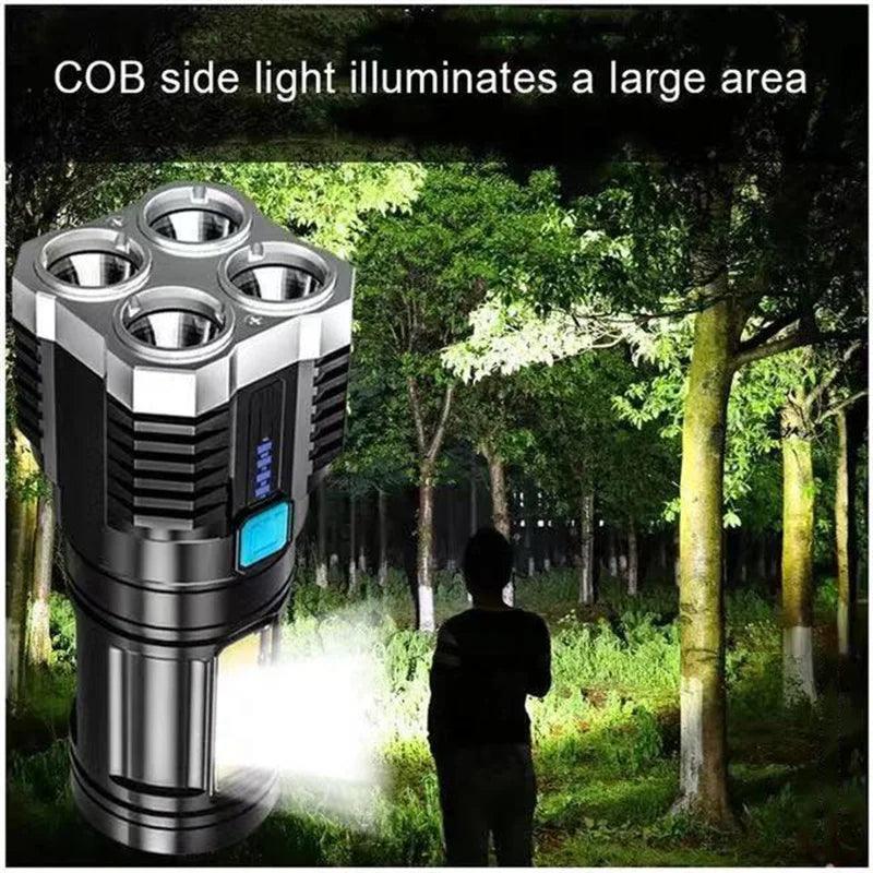 USB Rechargeable LED Flashlight 4LED High Power Super Bright Flashlights Outdoor Portable Tactical Lighting COB LED Flashlights - Outdoorsavage