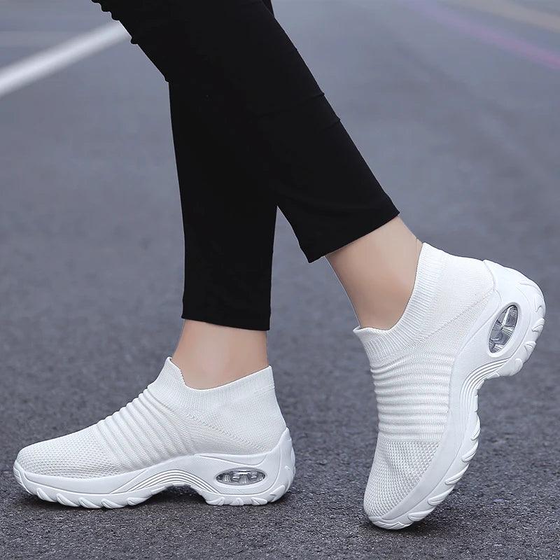 Women's Casual Sports Socks Sneakers Fashionable Thick Sole Air Cushion, Elevated Sloping Heel Rocking Shoes - Outdoorsavage