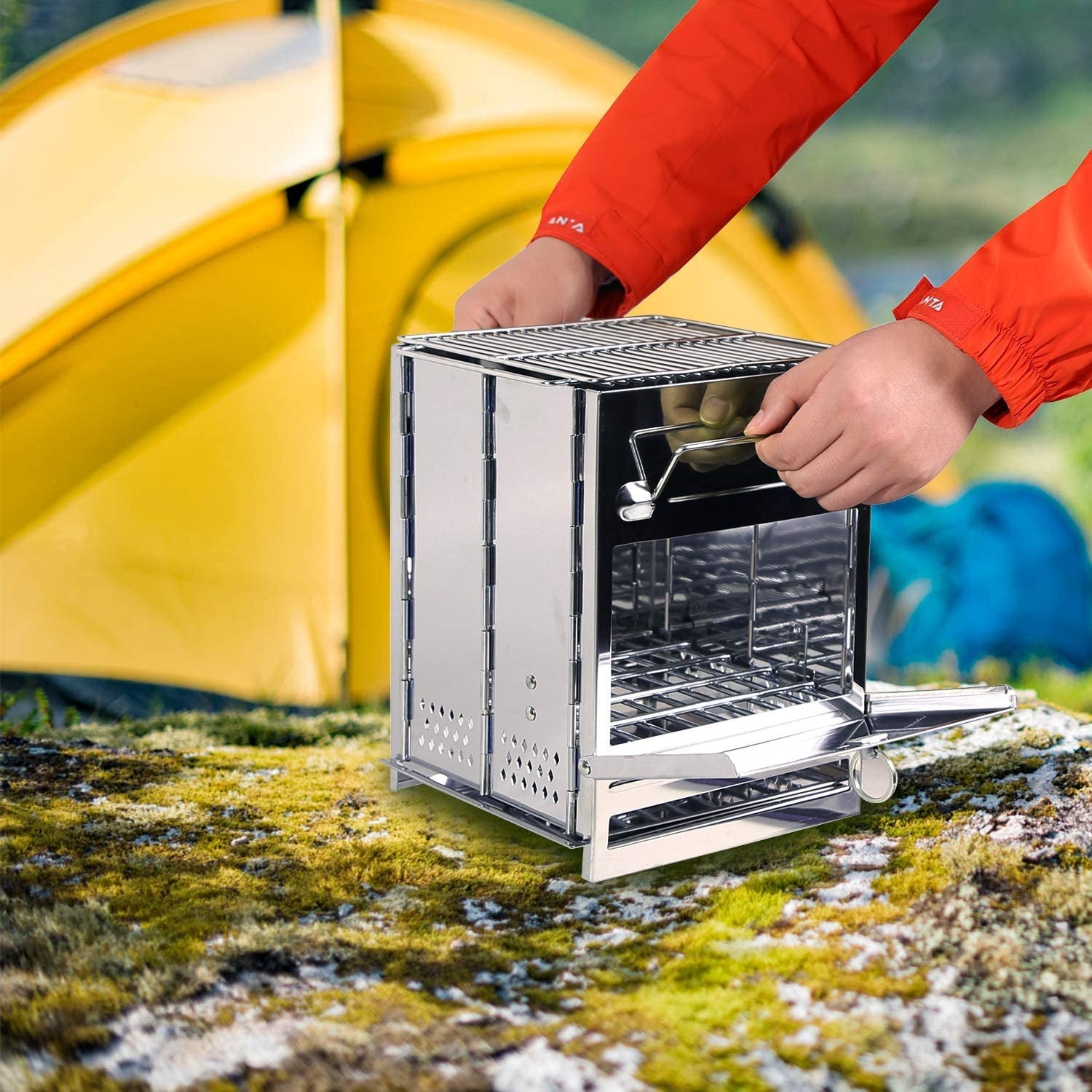 Stainless Steel Portable Wood Burning Camp Stove - Collapsible Rocket Grill for Outdoor Activities, Hiking, and Camping
