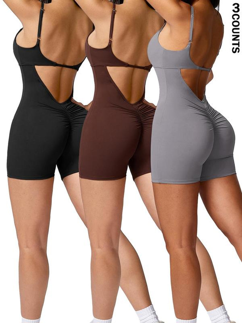 Women'S Cut Out Ruched Skinny Sports Tummy Control Romper, Rompers for Women, Solid Adjustable Spaghetti Strap Bodycon Romper, Ladies Sportswear for Indoor Outdoor Wear, Workout Outfits, Gym Clothes Women, Minimalistic Outfit. Athletic Wear, Active Wear