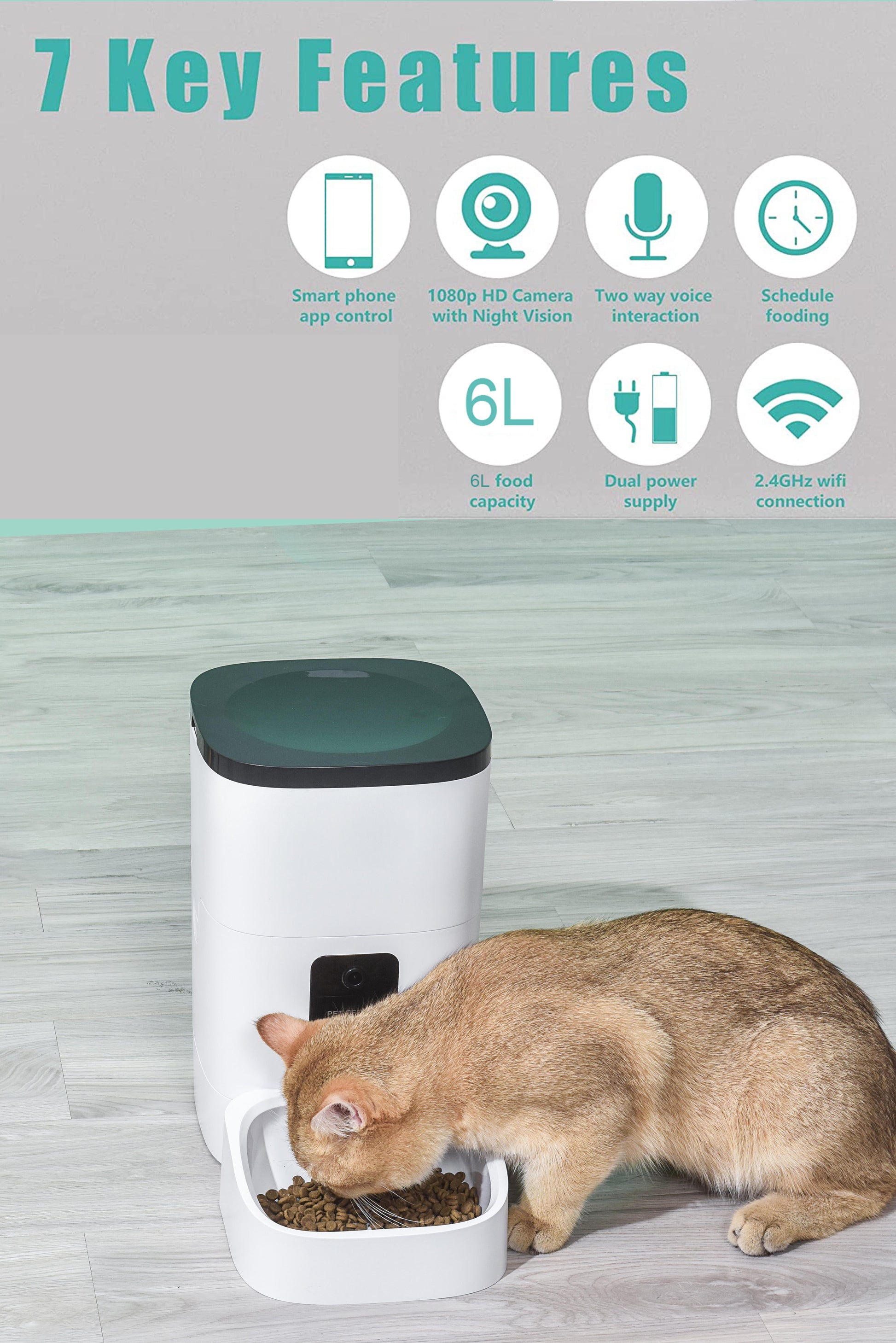 Automatic 6L Pet Feeder with 1080P Camera, App Control, Voice Recording, Timed Feeding, Dual Power Supply, and WiFi Connectivity for Cats and Dogs