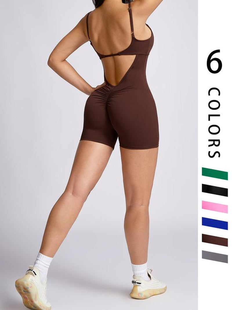 Women'S Cut Out Ruched Skinny Sports Tummy Control Romper, Rompers for Women, Solid Adjustable Spaghetti Strap Bodycon Romper, Ladies Sportswear for Indoor Outdoor Wear, Workout Outfits, Gym Clothes Women, Minimalistic Outfit. Athletic Wear, Active Wear
