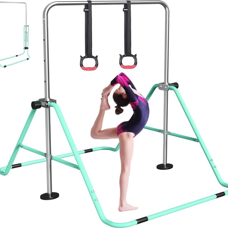 Fbsport Gymnastics Bar for Kids with Rings, Adjustable Height Folding Horizontal Bars, Junior Gymnastics Training Monkey Bars for Home Practice Using