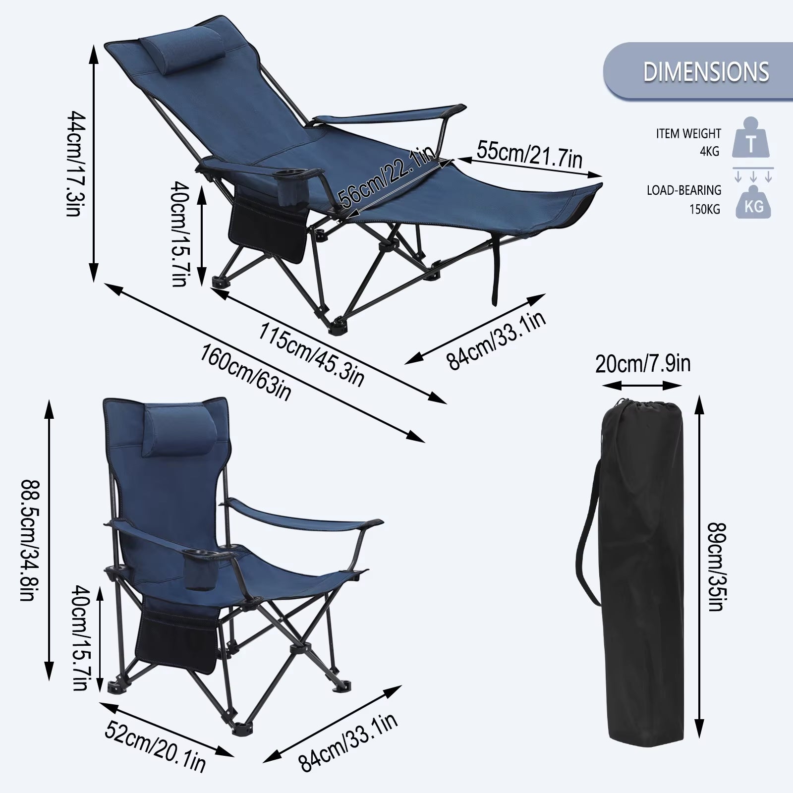 Foldable Camping Fishing Chair Lightweight Deckchair Lounge Chair with Removable Headrest Retractable Footrest for Outdoor