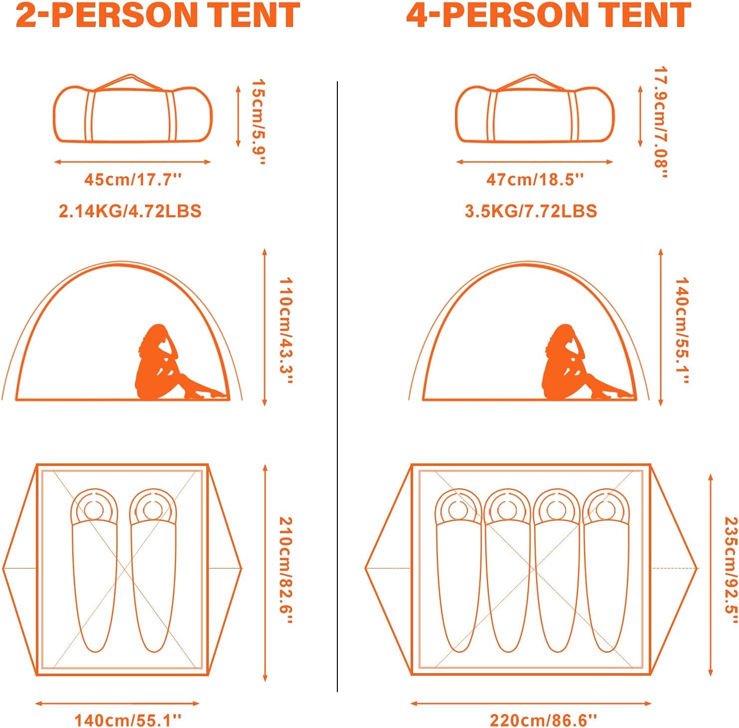 Das 2/4-Personen-Campingzelt ist leicht, wasserdicht und winddicht. Mit zwei Eingängen ist es einfach aufzubauen und verfügt über eine doppelte Schicht für zusätzlichen Schutz. Ideal für Familienausflüge, Jagd, Wandern, Bergsteigen und Reisen.