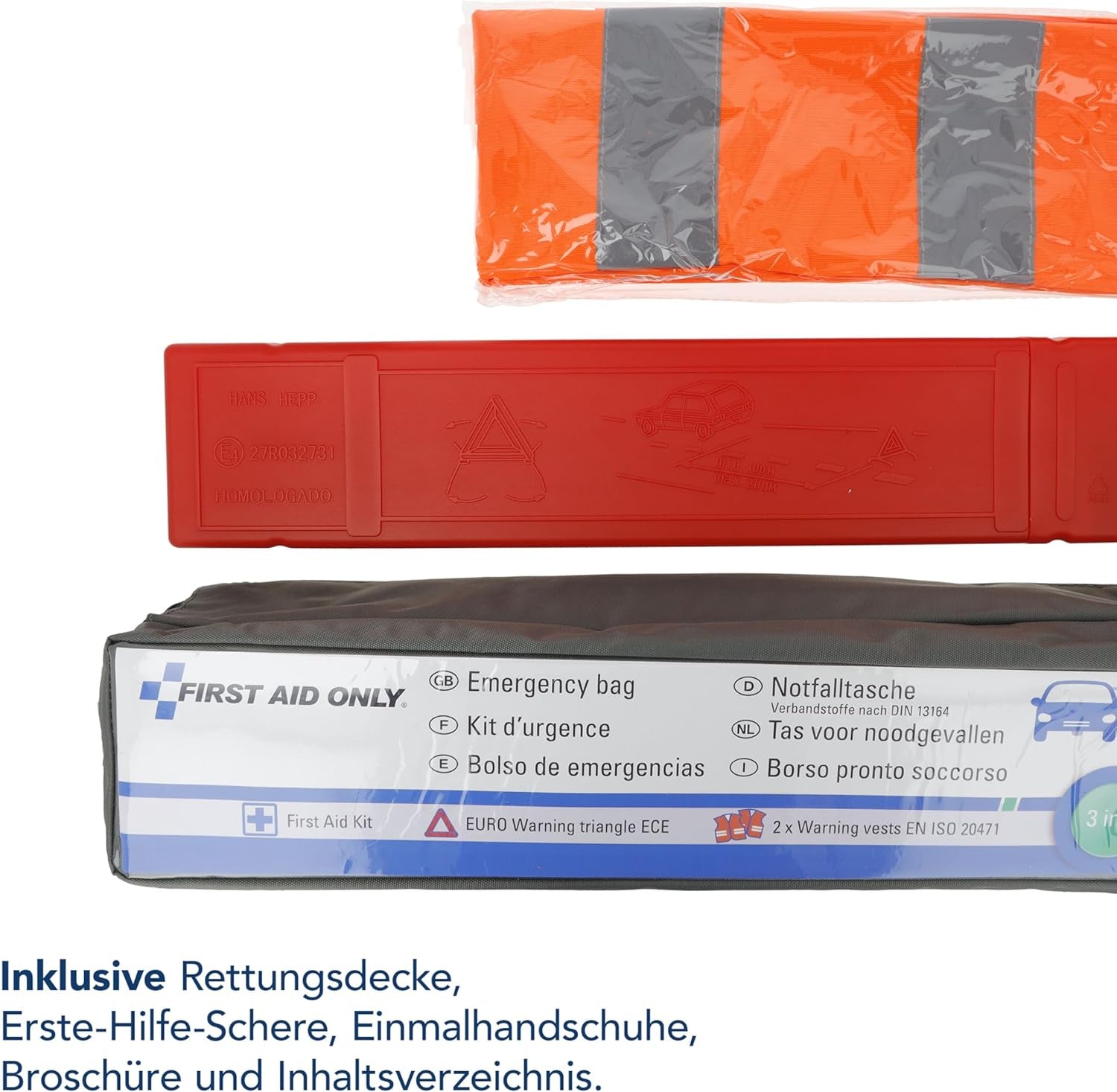 First Aid Only Kfz Set Verbandtasche DIN 13164 Mit Warndreieck Und 2 X Warnweste | Auto Erste Hilfe Set Für HU & TÜV | Verbandskasten Für Auto Und Motorrad | P-10021