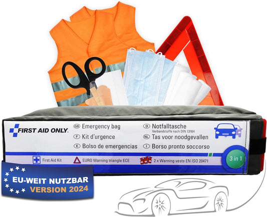 First Aid Only Kfz Set Verbandtasche DIN 13164 Mit Warndreieck Und 2 X Warnweste | Auto Erste Hilfe Set Für HU & TÜV | Verbandskasten Für Auto Und Motorrad | P-10021