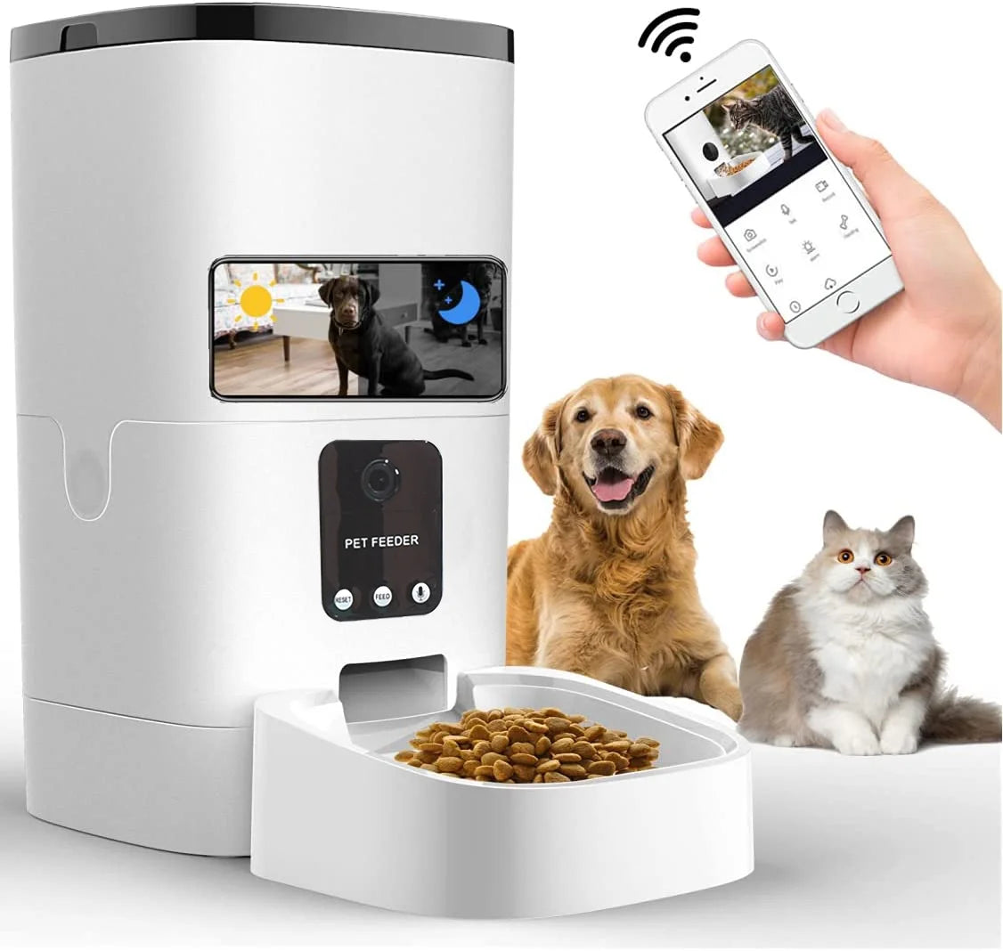 Automatic 6L Pet Feeder with 1080P Camera, App Control, Voice Recording, Timed Feeding, Dual Power Supply, and WiFi Connectivity for Cats and Dogs