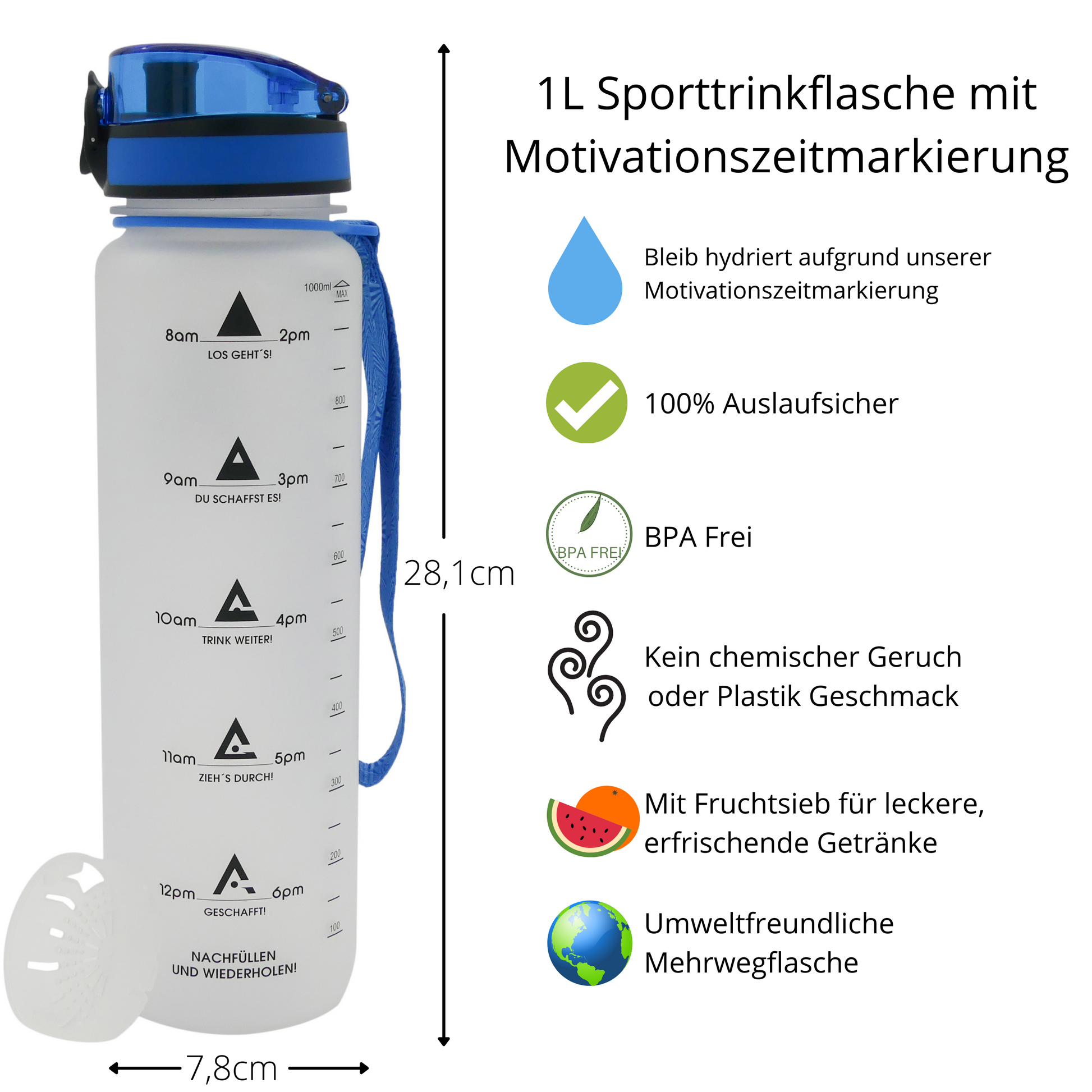 1L Sports Water Bottle with time marker and motivation - Outdoorsavage