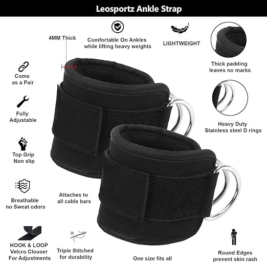 Ankle Strap for Gym Cable Machine (Pair) (Black with Hook)