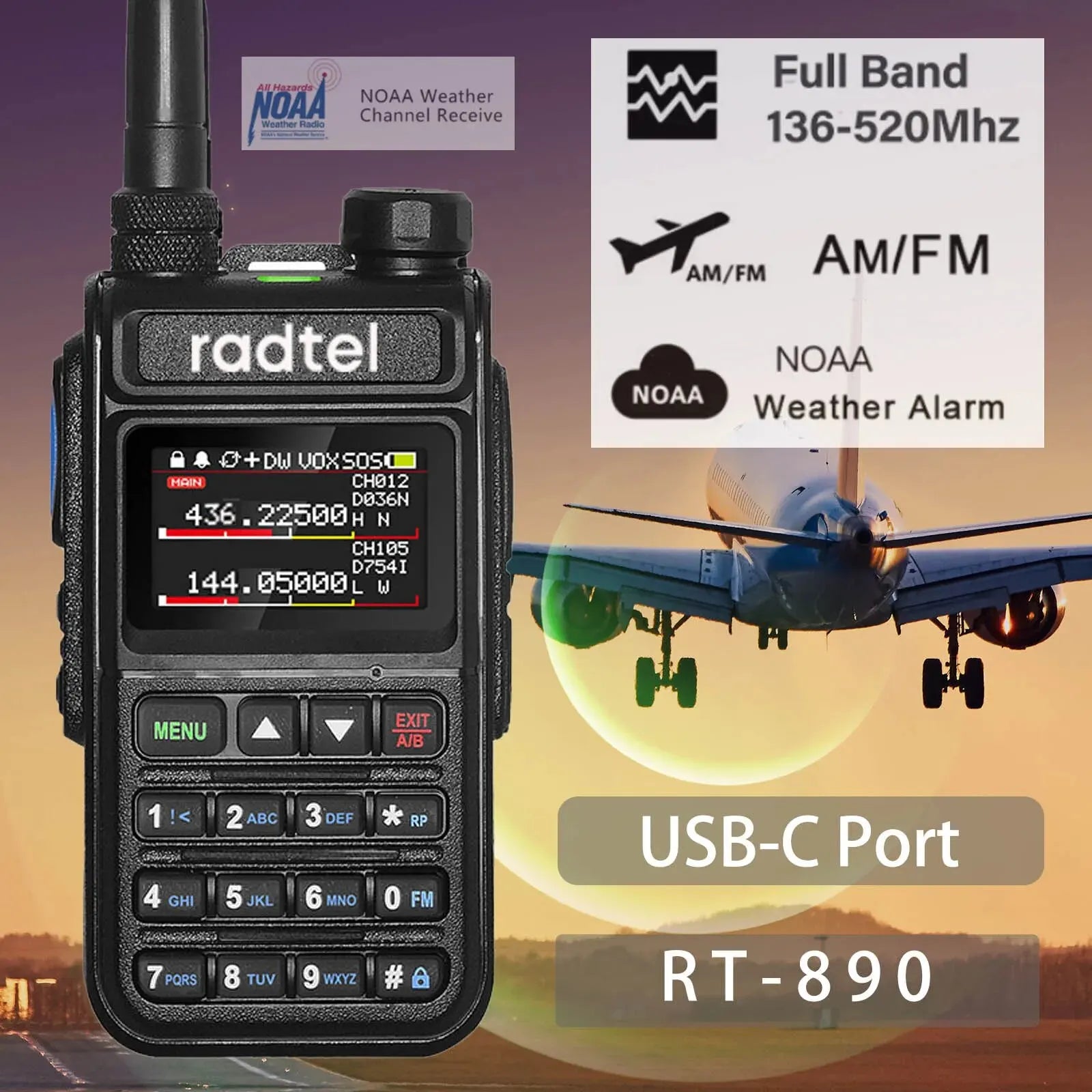RT-890 Full Band Ham Radio Amateur 2 Way Radio 999CH Walkie Talkie AM Air Aviation Band Color Scanner Marine NOAA Scan