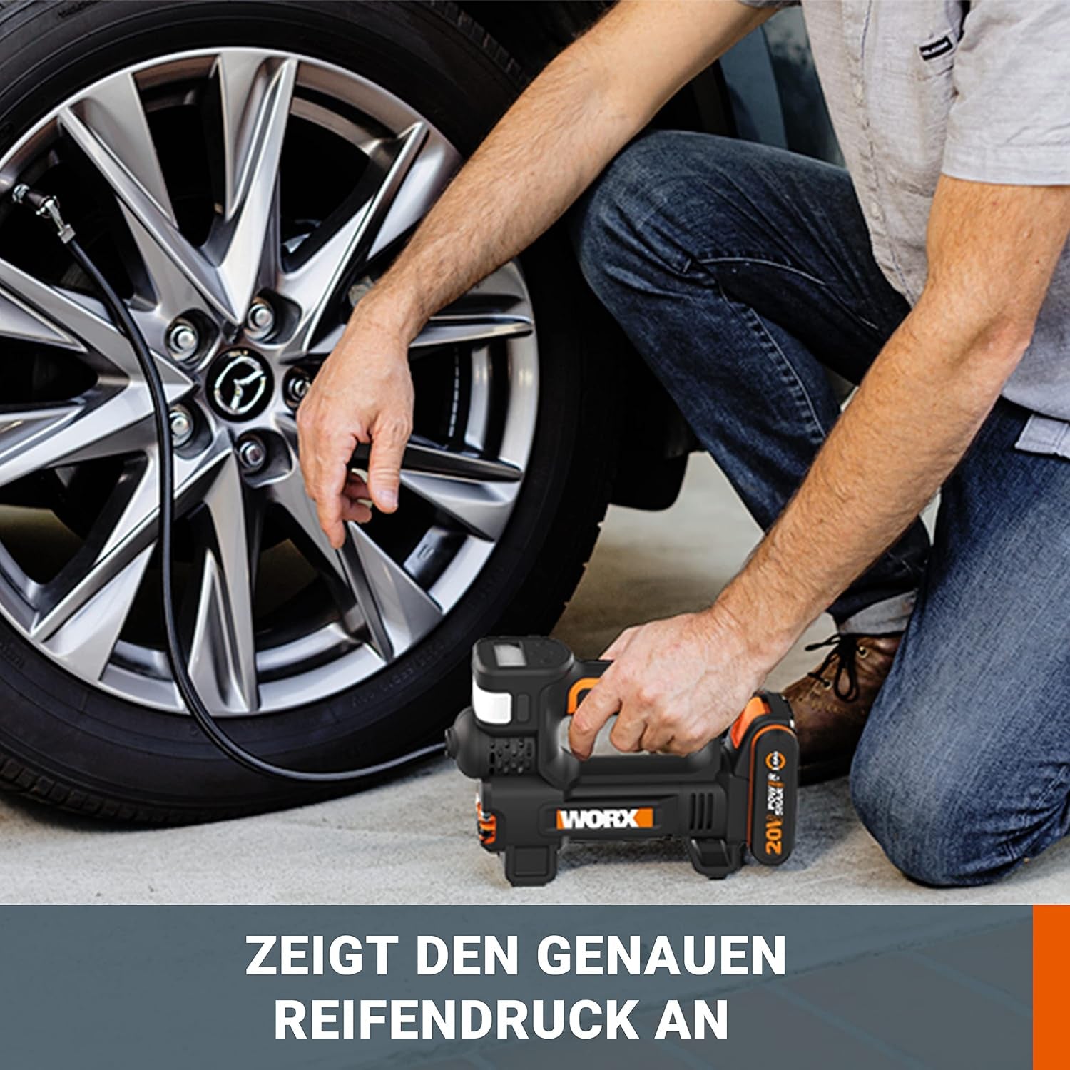 WORX WX092 Akku Luftkompressor Und Led-Projektor 20V, 150 PSI, Reifenaufpumpen in 2Min40S (Lieferung Mit Akku, Schnellladegerät Und Adapter Für Fahrrad/Auto)
