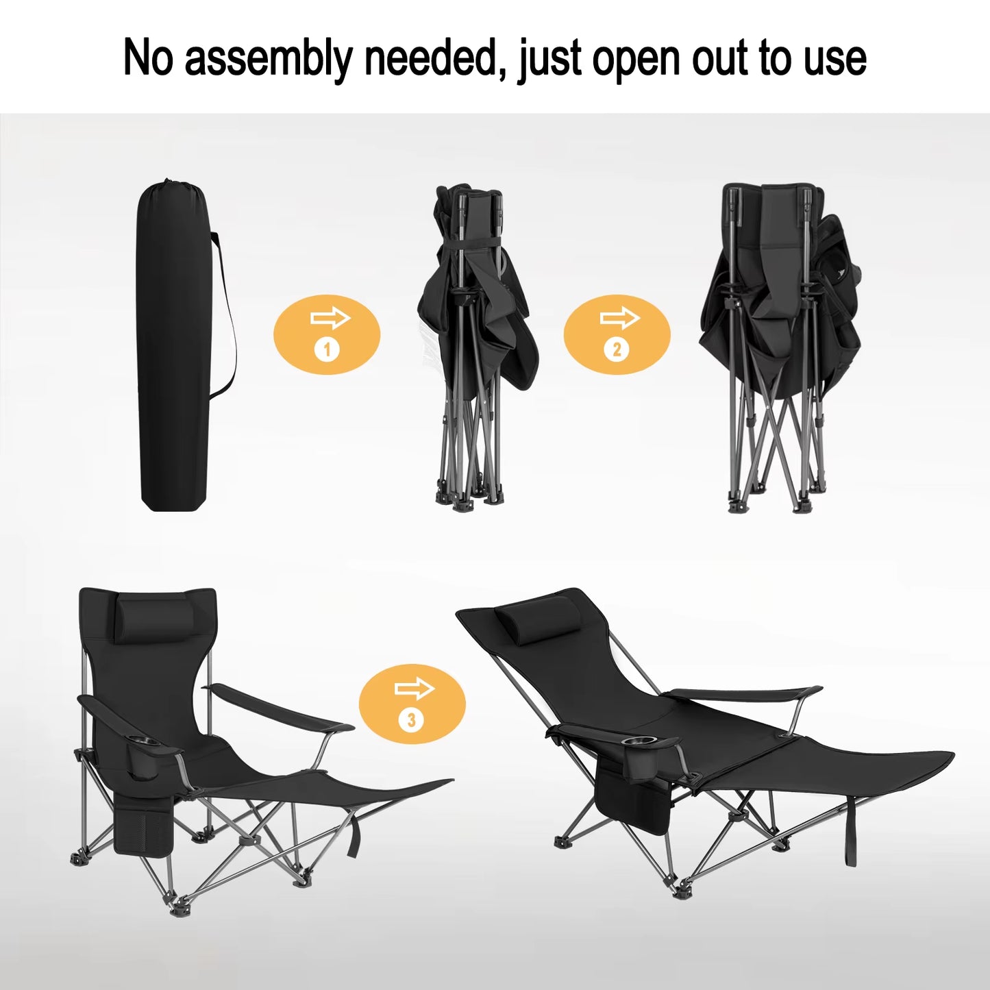 Foldable Camping Fishing Chair Lightweight Deckchair Lounge Chair with Removable Headrest Retractable Footrest for Outdoor