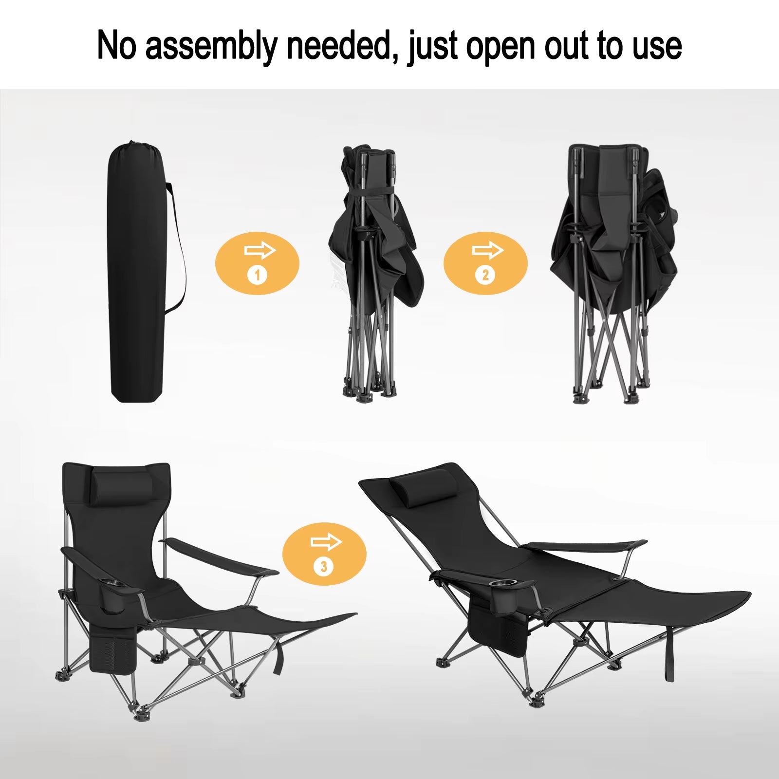 Foldable Camping Fishing Chair Lightweight Deckchair Lounge Chair with Removable Headrest Retractable Footrest for Outdoor