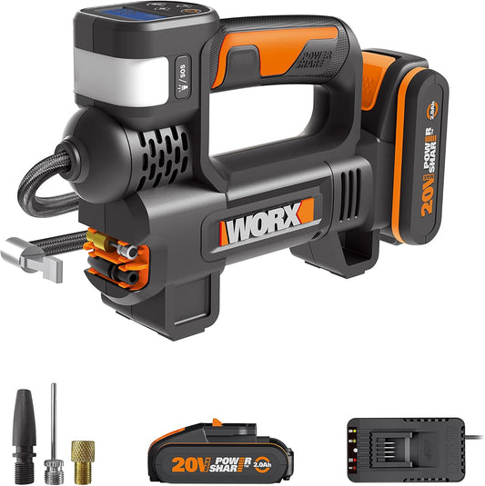 WORX WX092 Akku Luftkompressor Und Led-Projektor 20V, 150 PSI, Reifenaufpumpen in 2Min40S (Lieferung Mit Akku, Schnellladegerät Und Adapter Für Fahrrad/Auto)