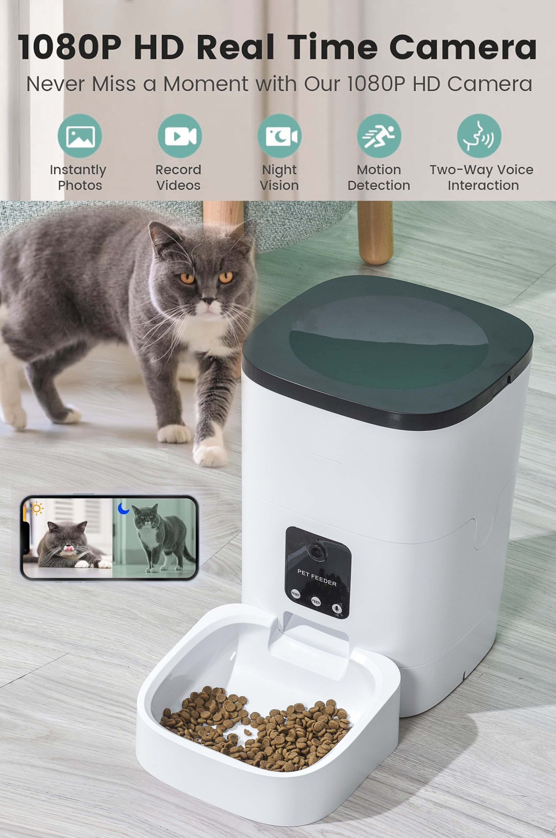 Automatic 6L Pet Feeder with 1080P Camera, App Control, Voice Recording, Timed Feeding, Dual Power Supply, and WiFi Connectivity for Cats and Dogs