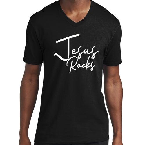 Graphic V-neck T-shirt, Jesus Rocks Print - Outdoorsavage