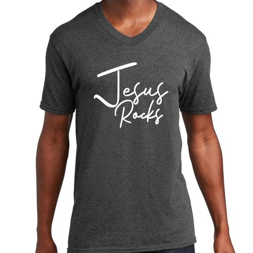 Graphic V-neck T-shirt, Jesus Rocks Print - Outdoorsavage